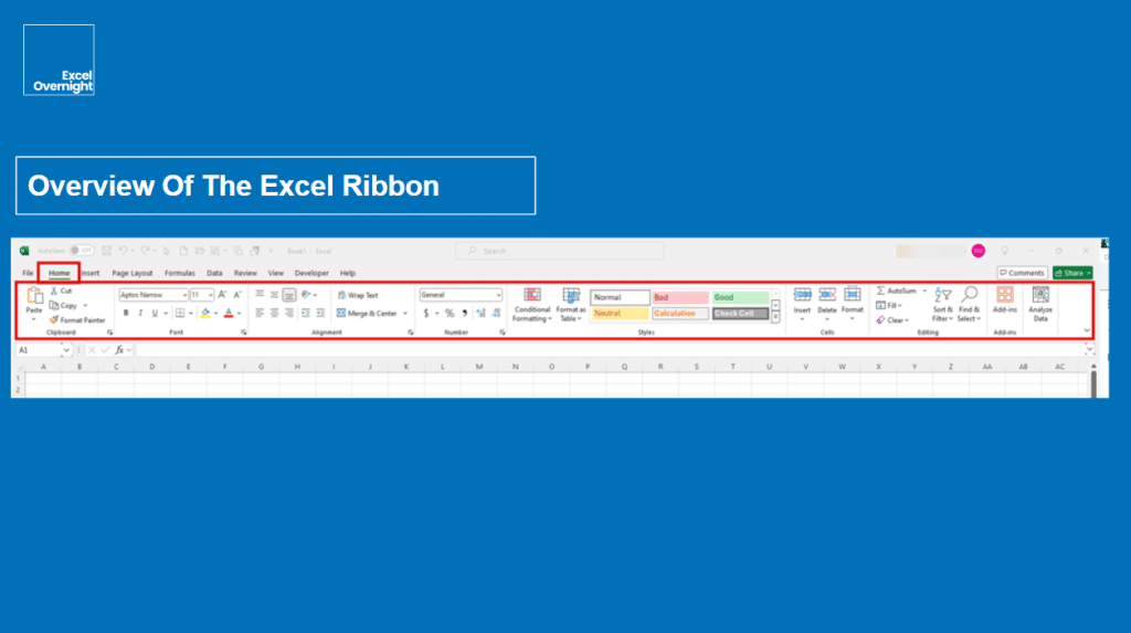 Overview of the MS Excel ribbon. excelovernight.com | Excel Done For You.